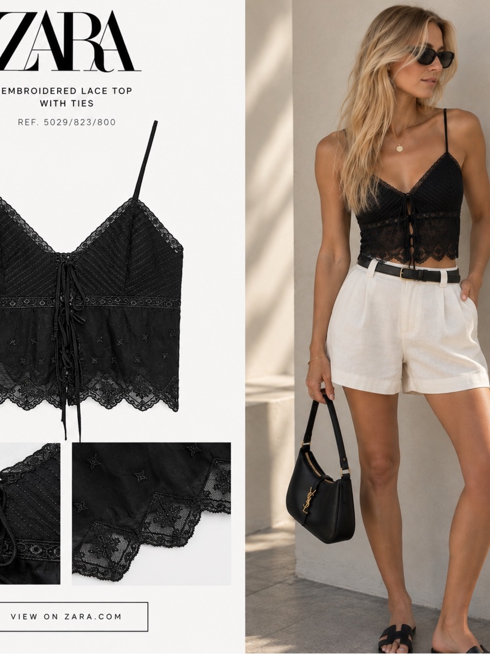 Zara Black Embroidered Lace Tie-Front Cami
